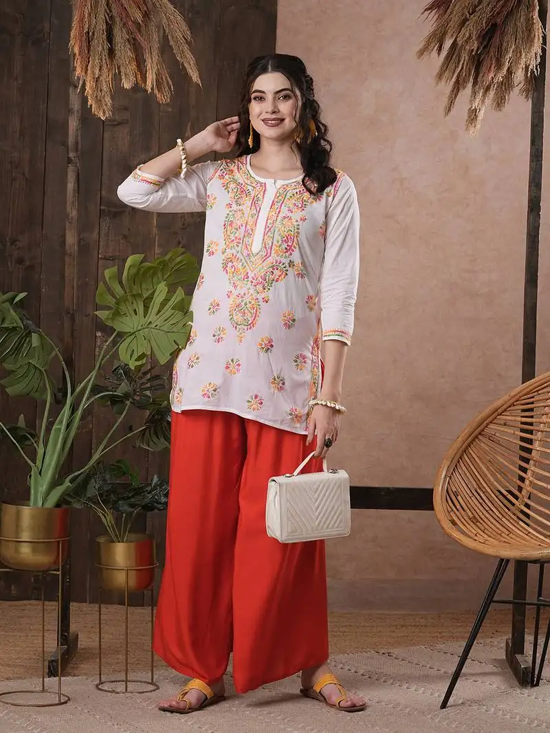 Hand embroidered white cotton lucknowi chikankari indian women short kurti