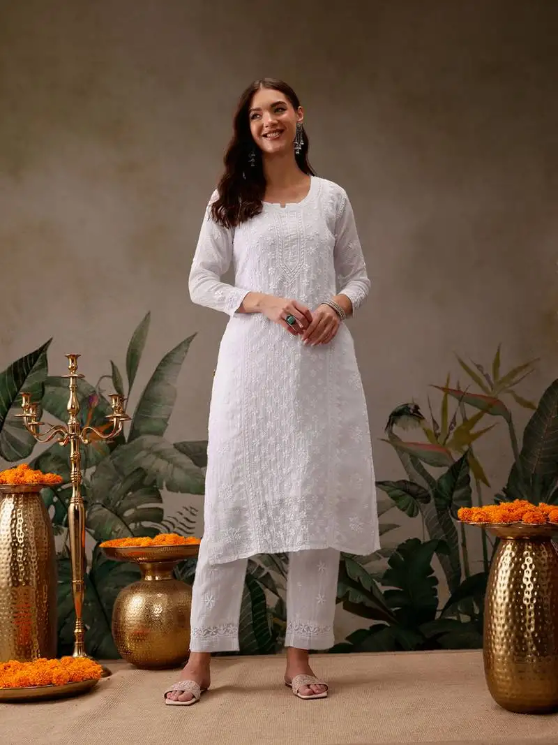 Hand embroidered white kota lucknowi chikankari kurta with slip