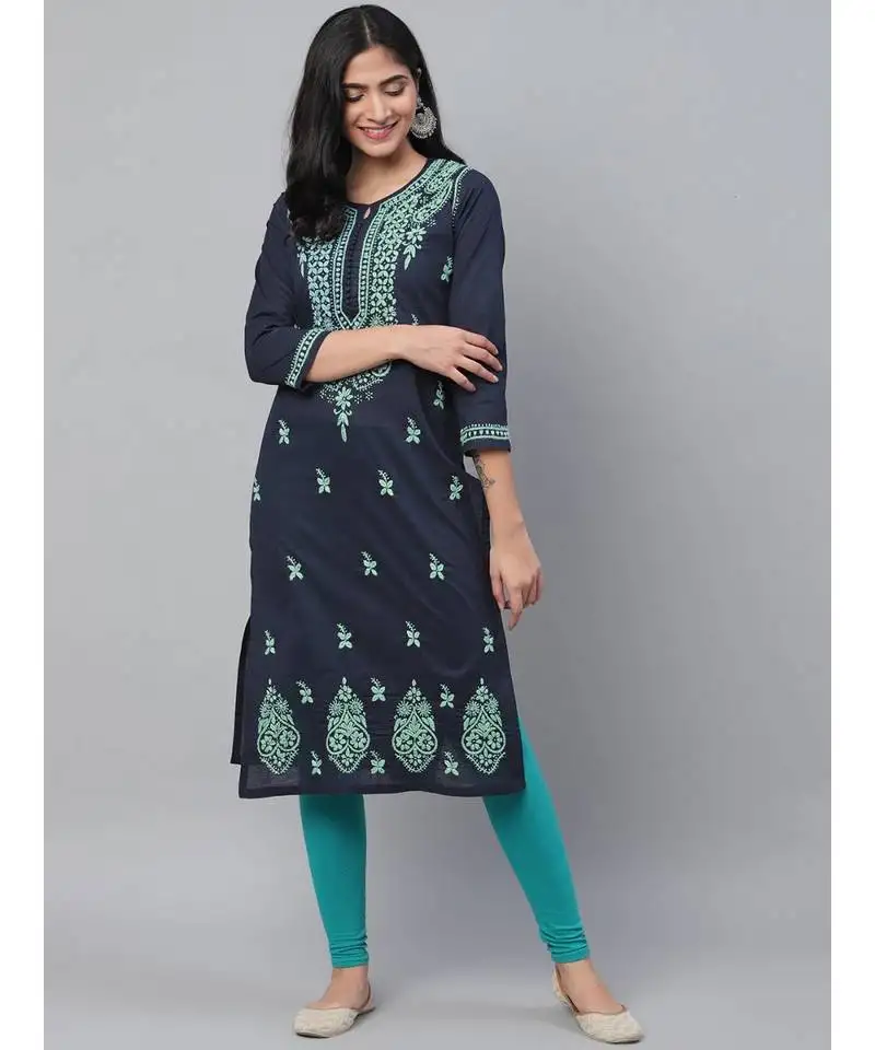 Hand embroidered navy blue cotton lucknowi chikan women kurta