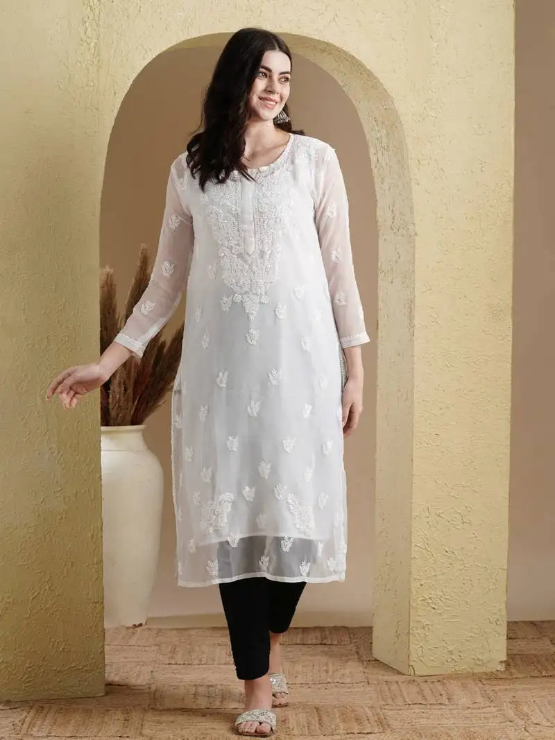 Hand embroidered white georgette lucknowi chikan women kurta with slip