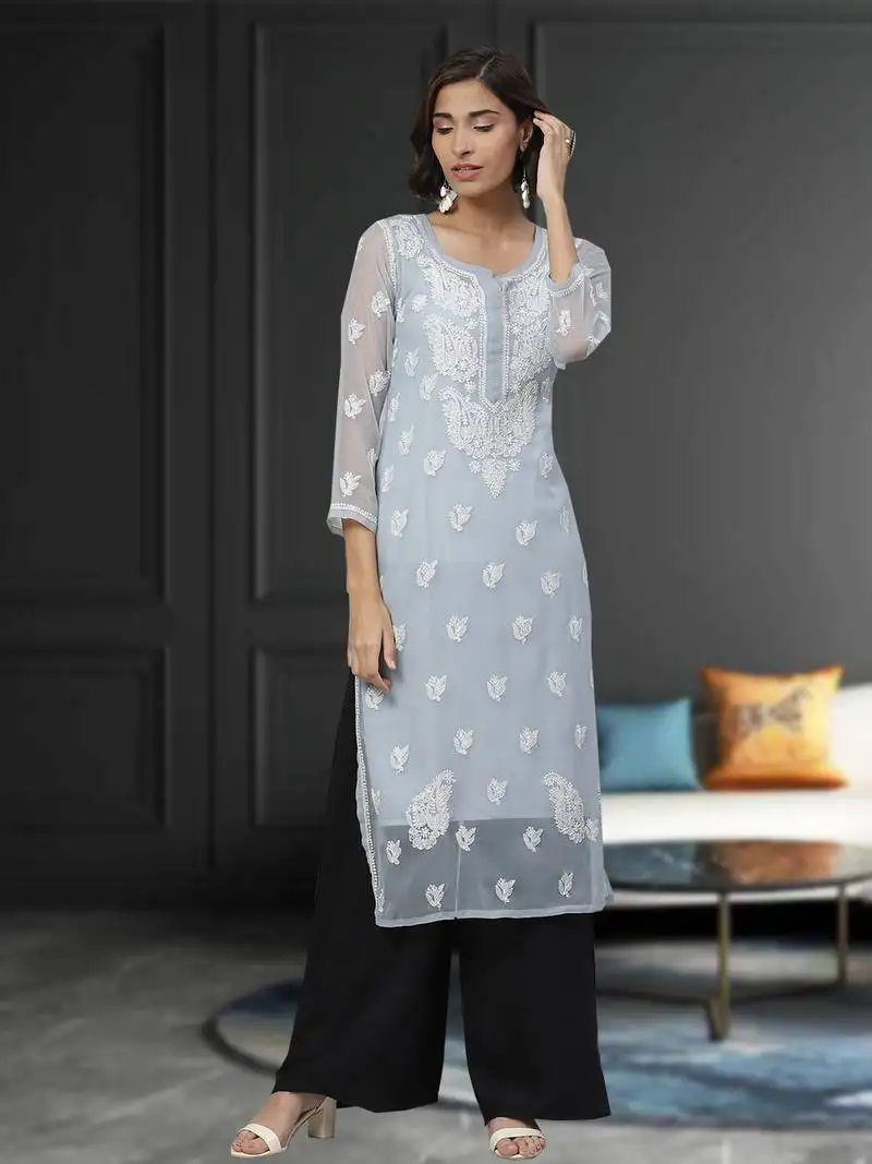 Hand embroidered grey georgette lucknowi chikan women kurta with slip