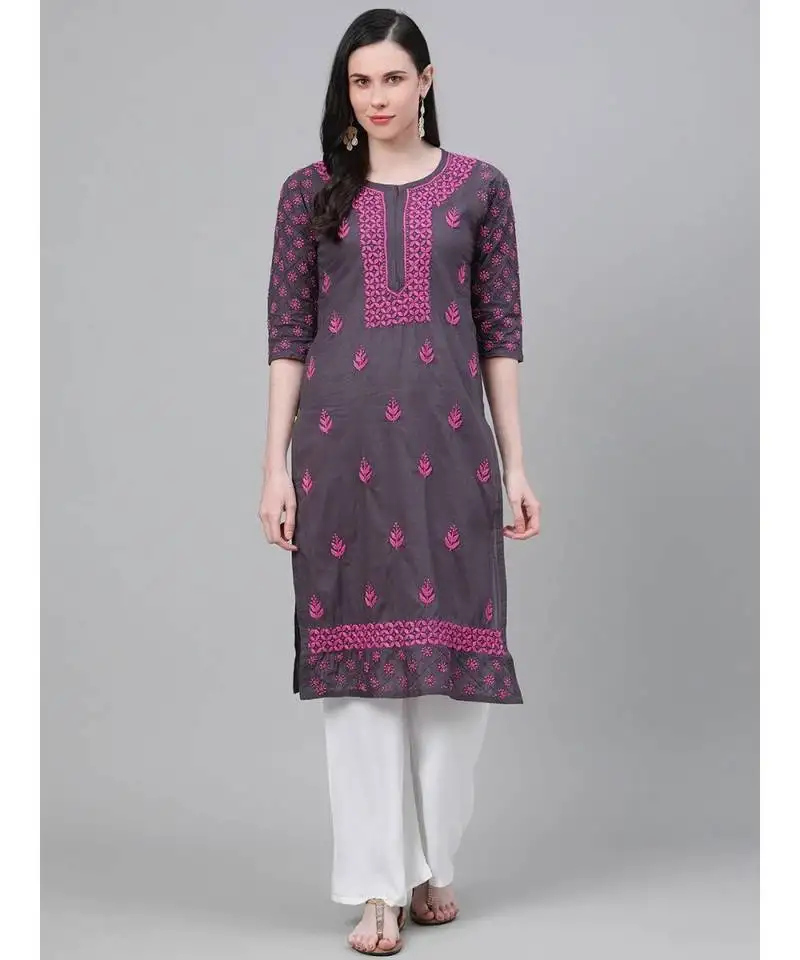 Hand embroidered grey cotton lucknow chikan women kurta