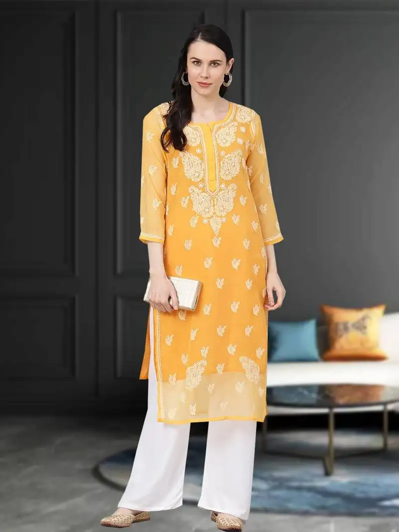 Hand embroidered mustard georgette lucknow chikan women kurta with slip