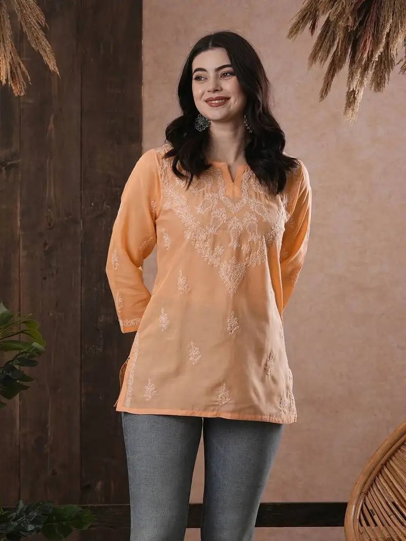 Hand embroidered peach cotton lucknow chikan women top