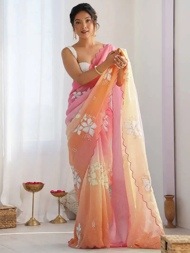 Orange gold crush embroidered work saree