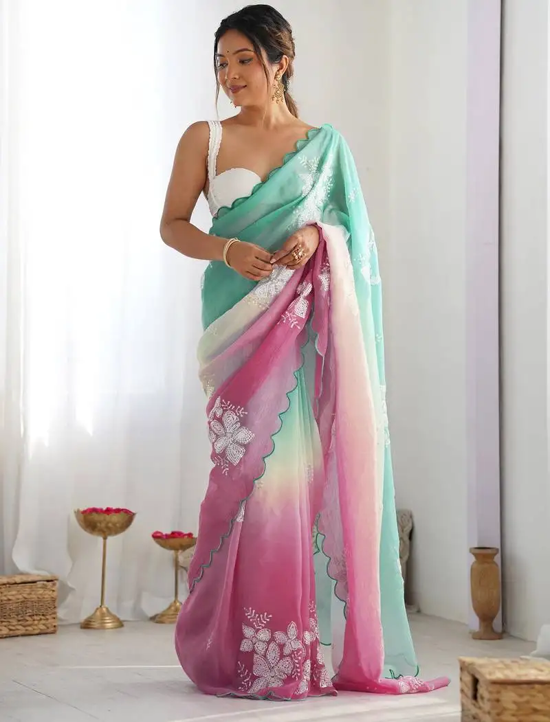 Sky blue gold crush embroidered work saree