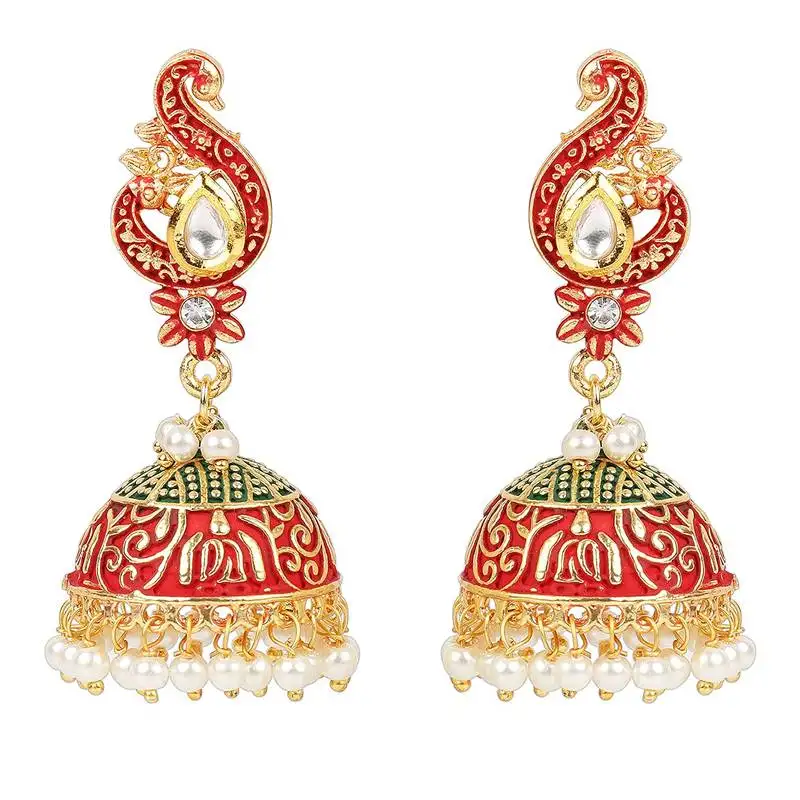 Traditional gold plated meenakari pearl peacock jhumki for women