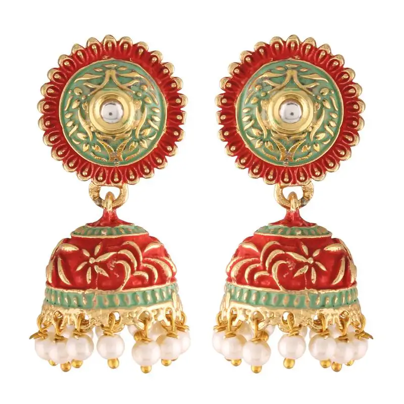 Gold plated handmade enamel meenakari matte finish traditional jhumka for women