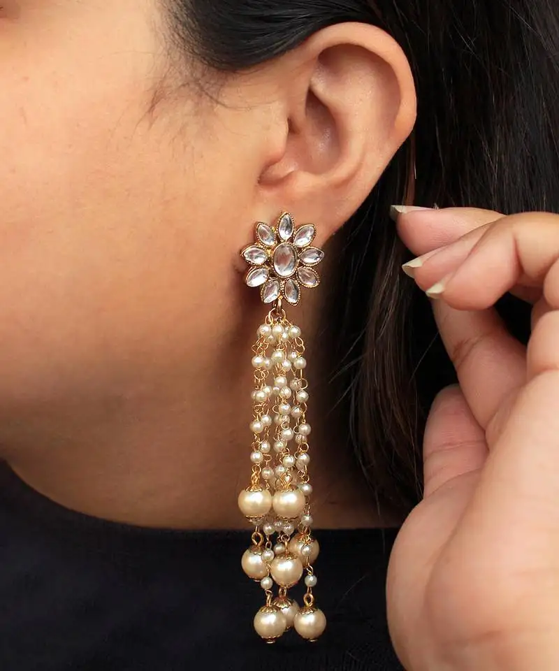 Kundan stud pearl tassel earrings