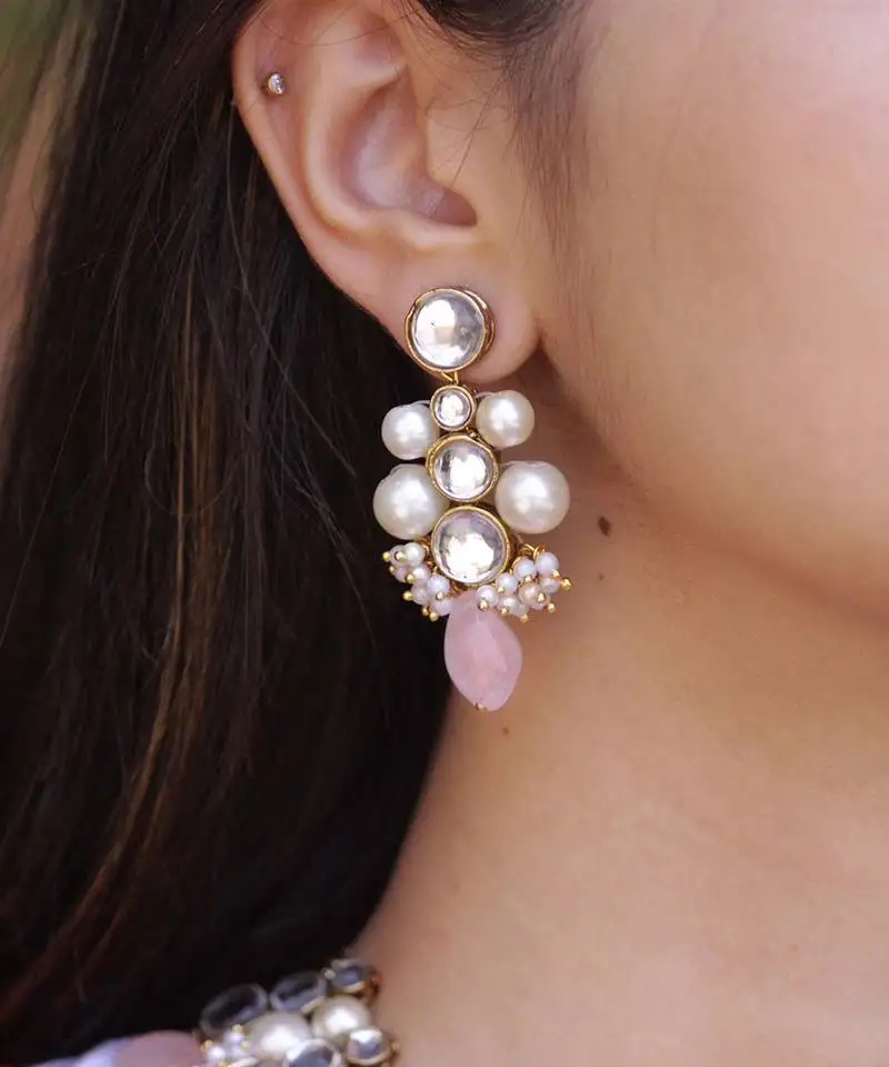 Baby pink glass stone kundan earrings