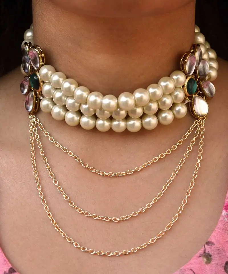 Pearl and kundan multi chain necklace