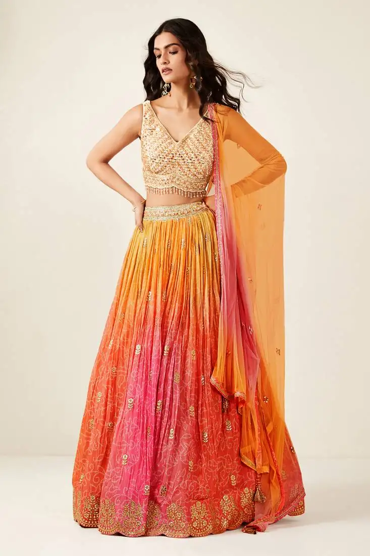 Orange pink bandhani print sequince embroidery organza lehenga choli