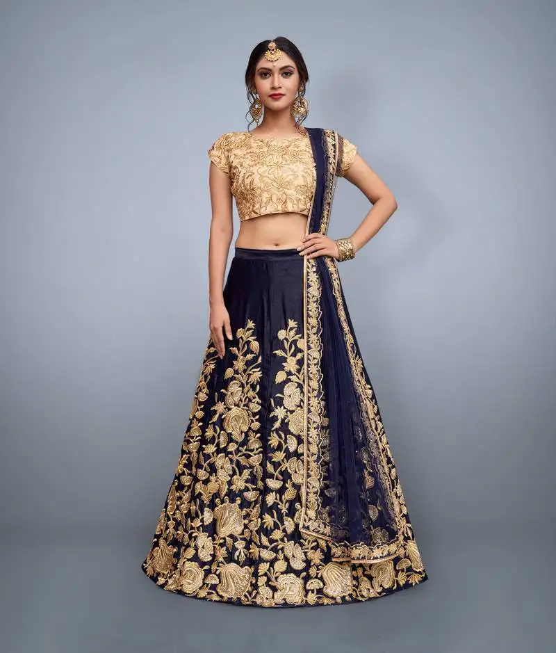 Navy blue sequins embroidered semi velvet lehenga choli for wedding