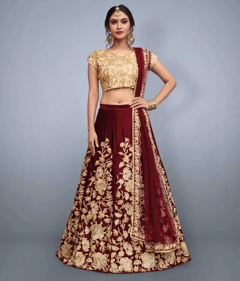 Maroon sequins embroidered semi velvet lehenga choli for bride
