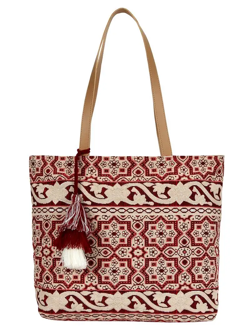 Showy beige and off-white cotton jacquard handbag