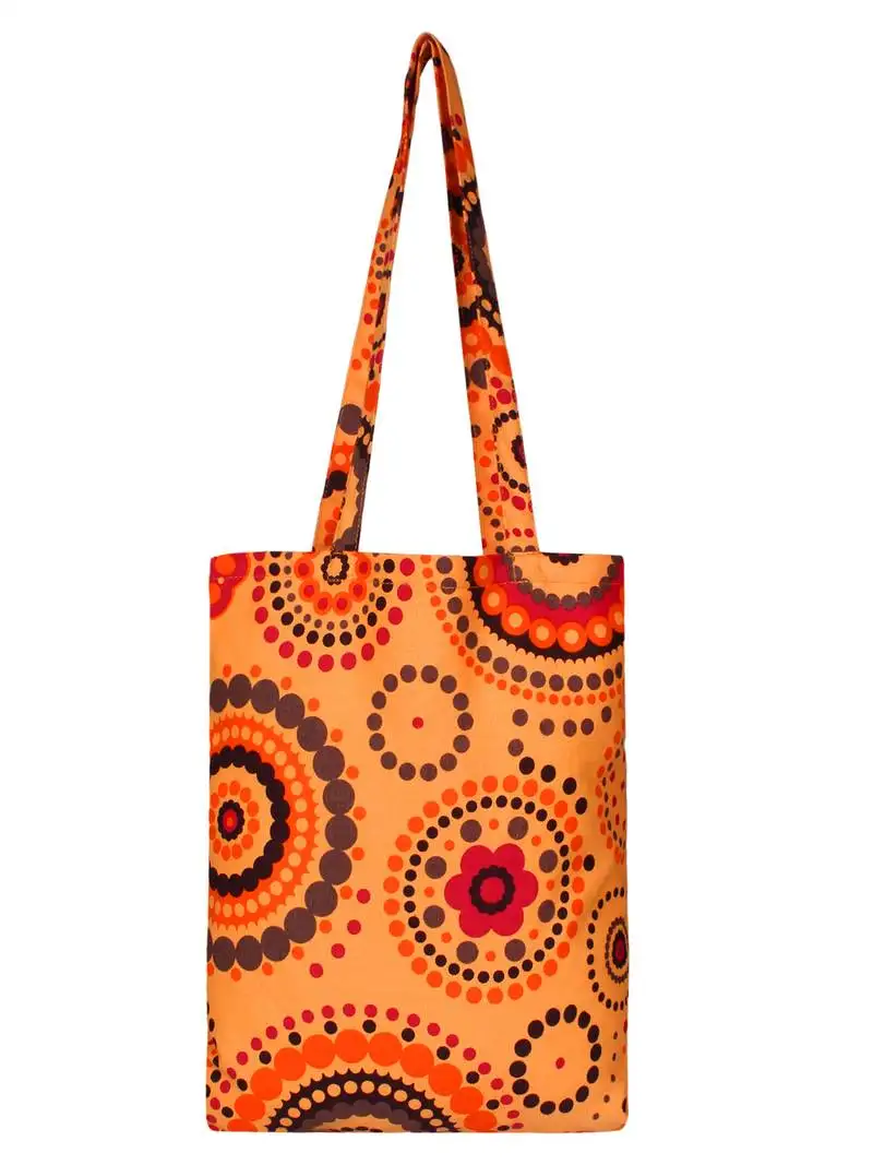 Eco-friendly orange & multicolour cricle print canvas shoulder bag