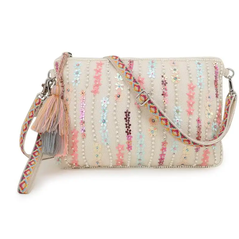 Glid natural & pink striped sequined cotton handloom & leatherette sling bag