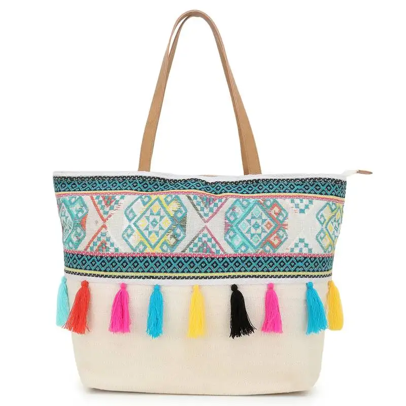 Droopy natural & multi greek key textured polycotton jacquard & leatherette tote bag