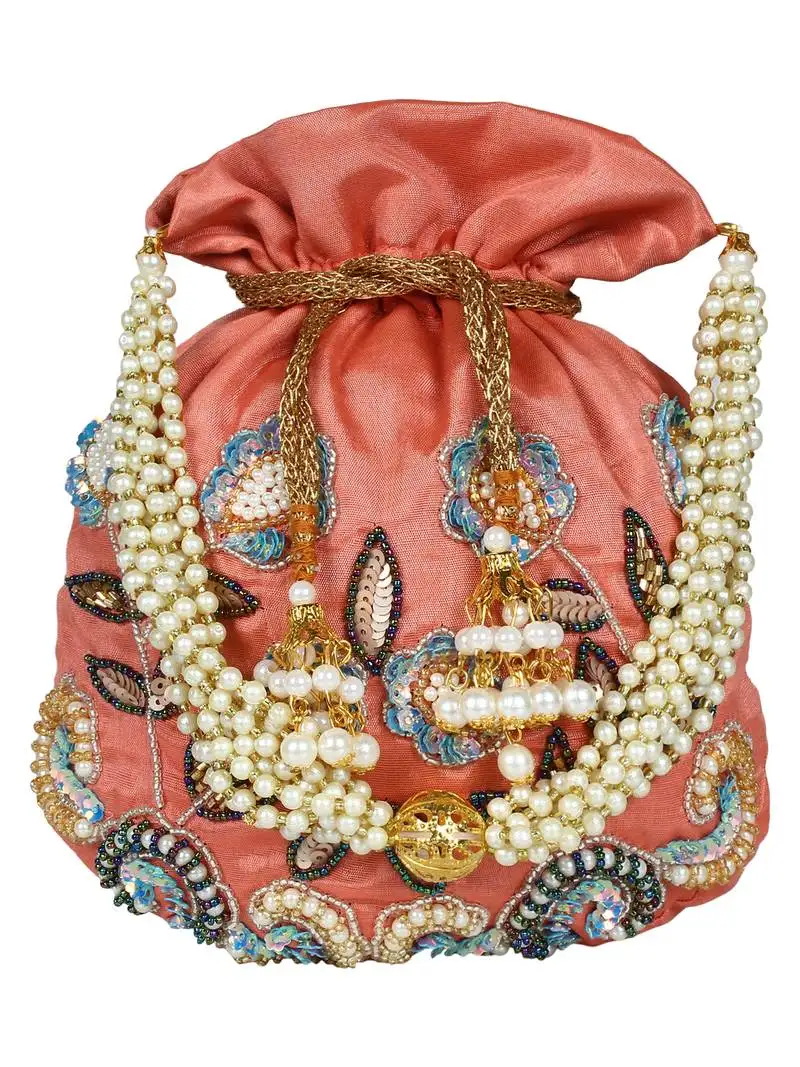 Dazzle embellished faux silk potli peach & multicolour