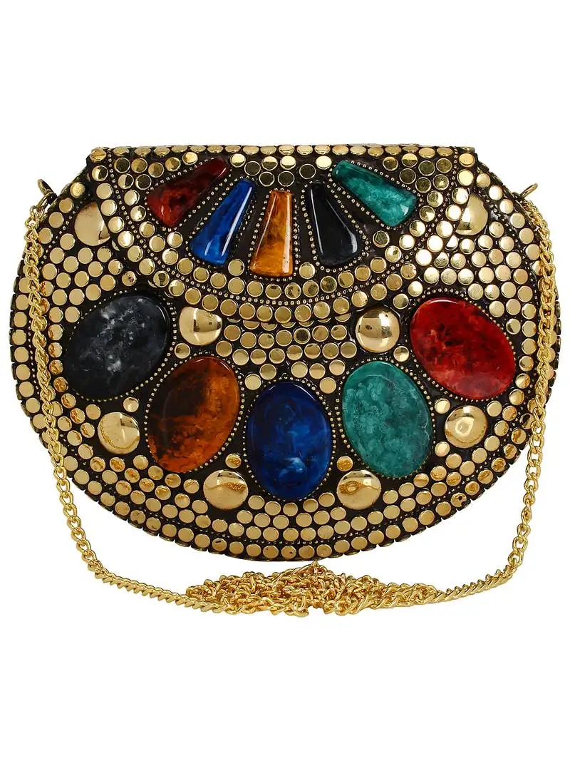 Jewel mosaic design metal work party clutch bag gold and multi
