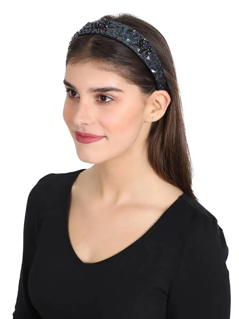 Black::Blue faux silk sequinned hairband