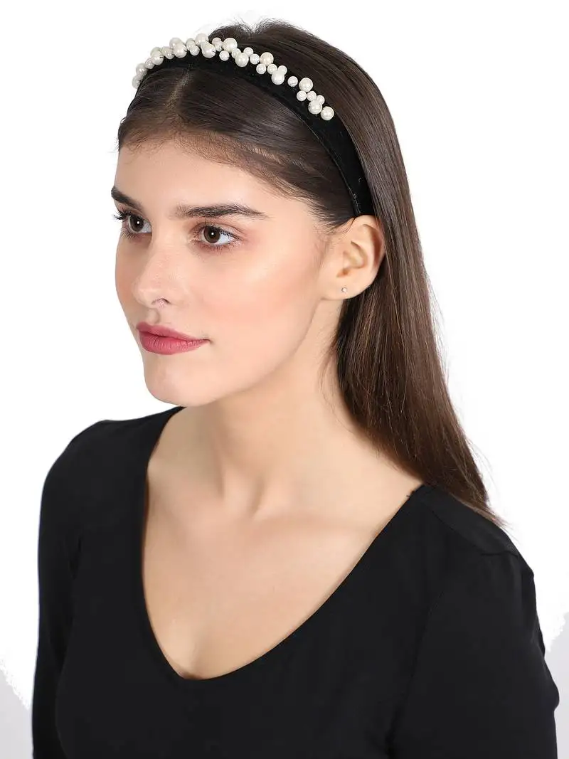Black::White velevt pearl beaded hairband