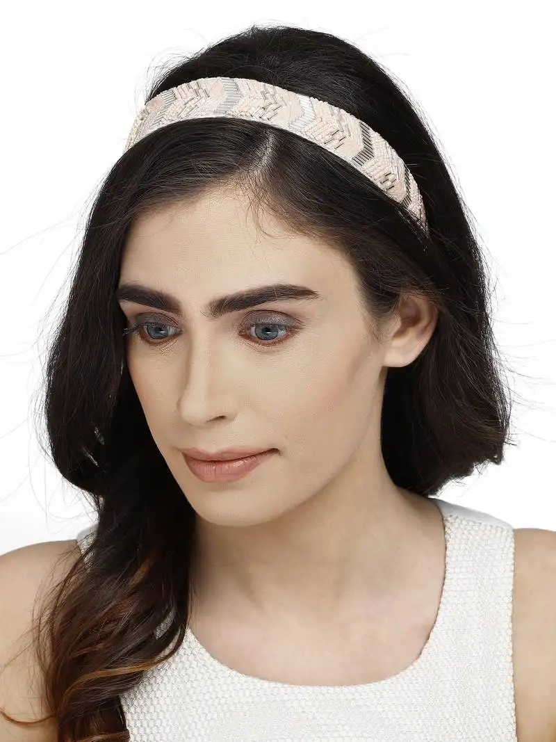 Pastel pink & silver chevron velvet hair band