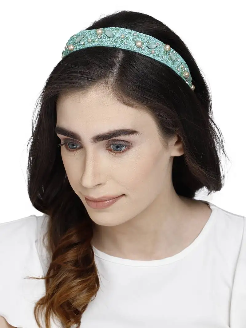 Sea green & multi embellished velvet hair band