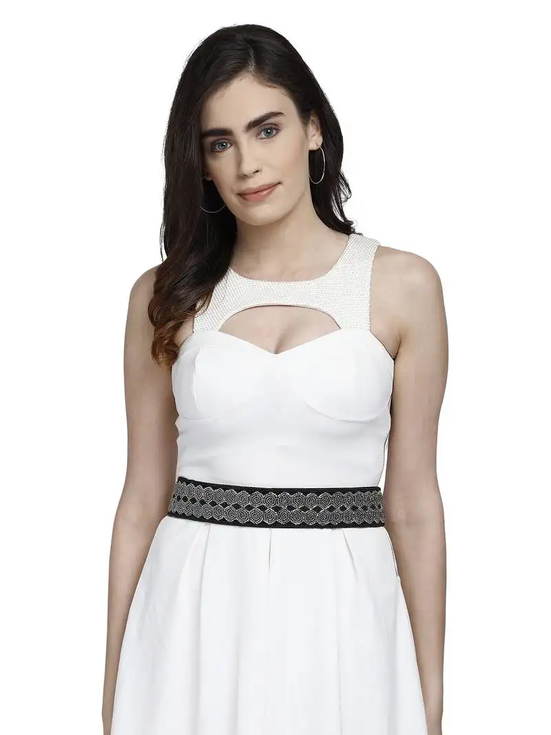 Black & silver bead work geometric cotton handmade belt