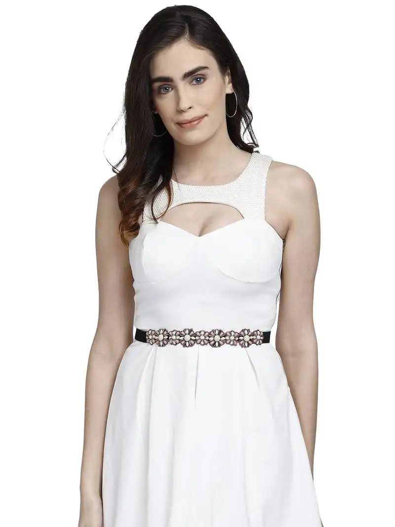 Off white, peach & multi bead work floral polyester & velvet handmade belt