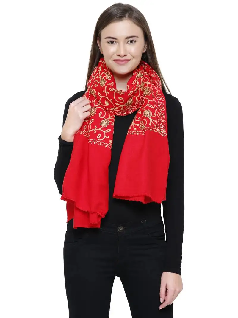 Red viscose woolen floral embroidered shawl