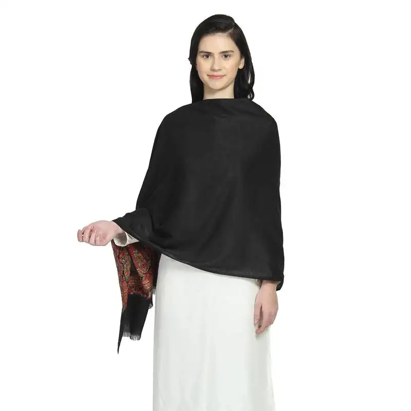 Black & multi woollen blend woven design floral paisley shawl