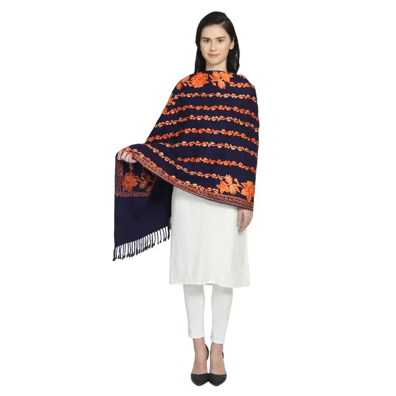 Navy & orange woollen floral geometric embroidered shawl