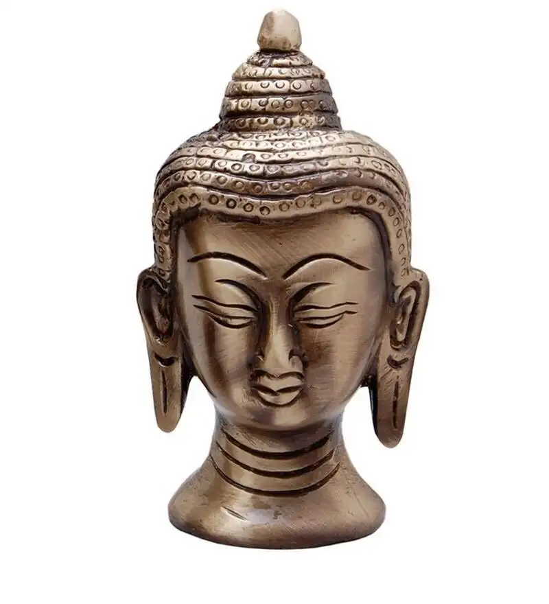 Metal meditating buddha head with curly hair