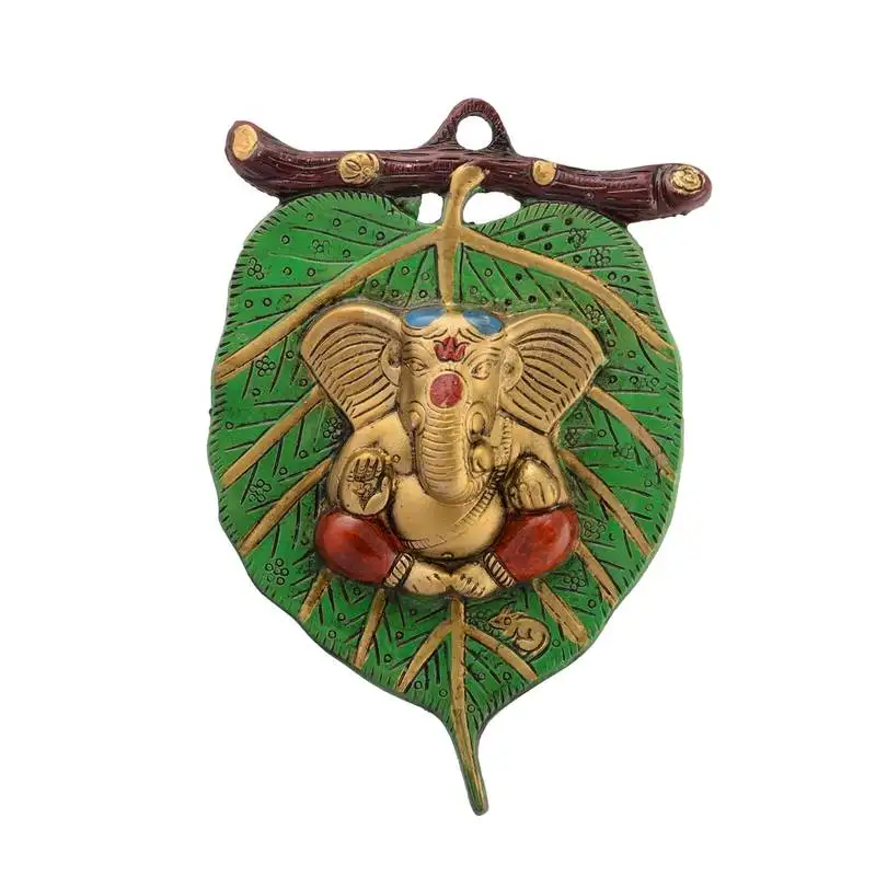 Lord ganesha in red dhoti on green leaf wall hanging