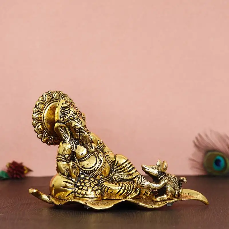Ecraftindia golden resting ganesha with mushak metal decorative showpiece