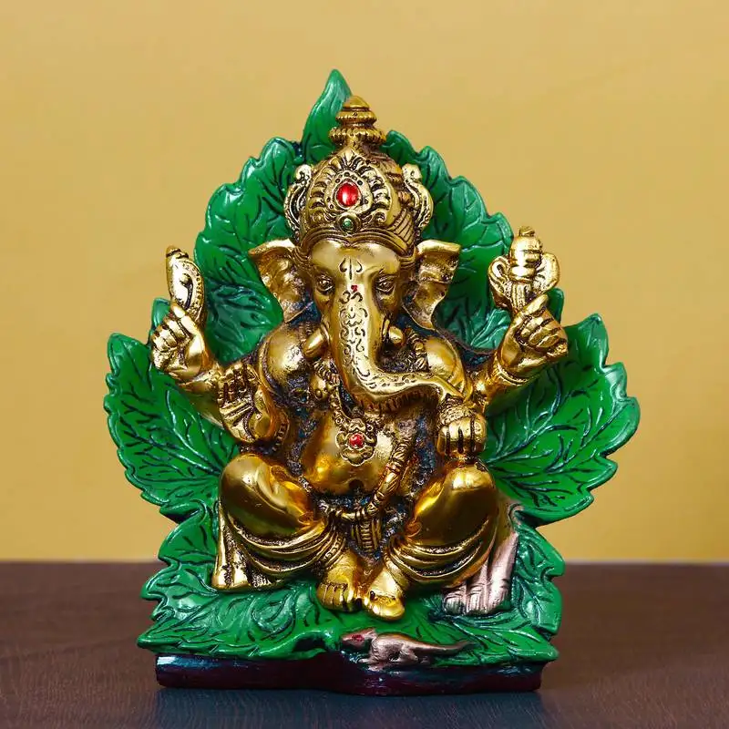Ecraftindia golden sitting lord ganesha on green throne metal decorative showpiece