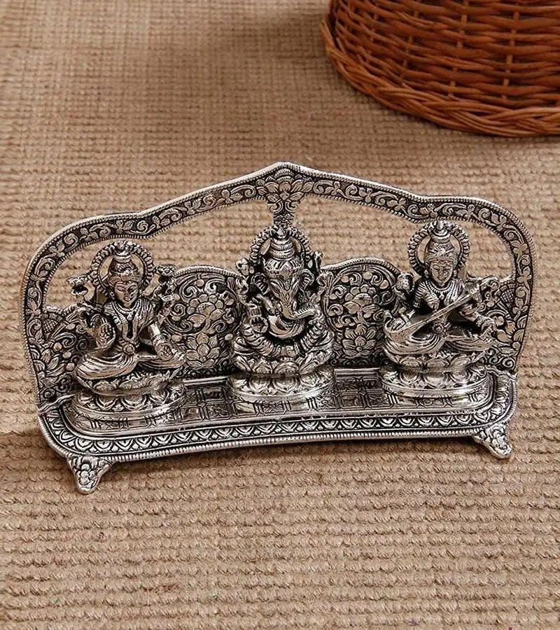 Ecraftindia silver laxmi ganesha saraswati idol - decorative home figurine, 10”