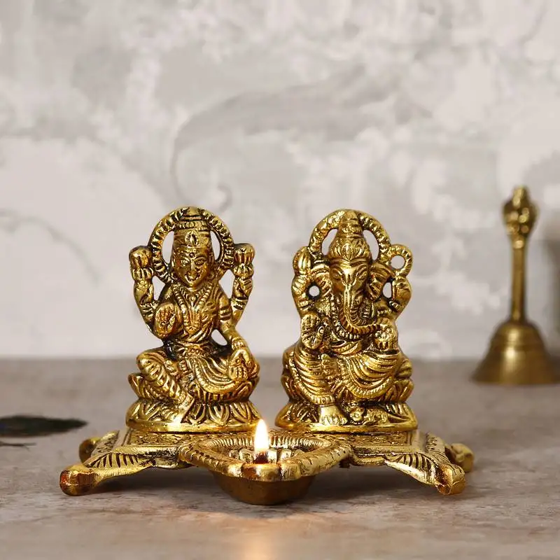 Ecraftindia laxmi and ganesha brass showpiece – golden finish, decorative with diya, 16 inches