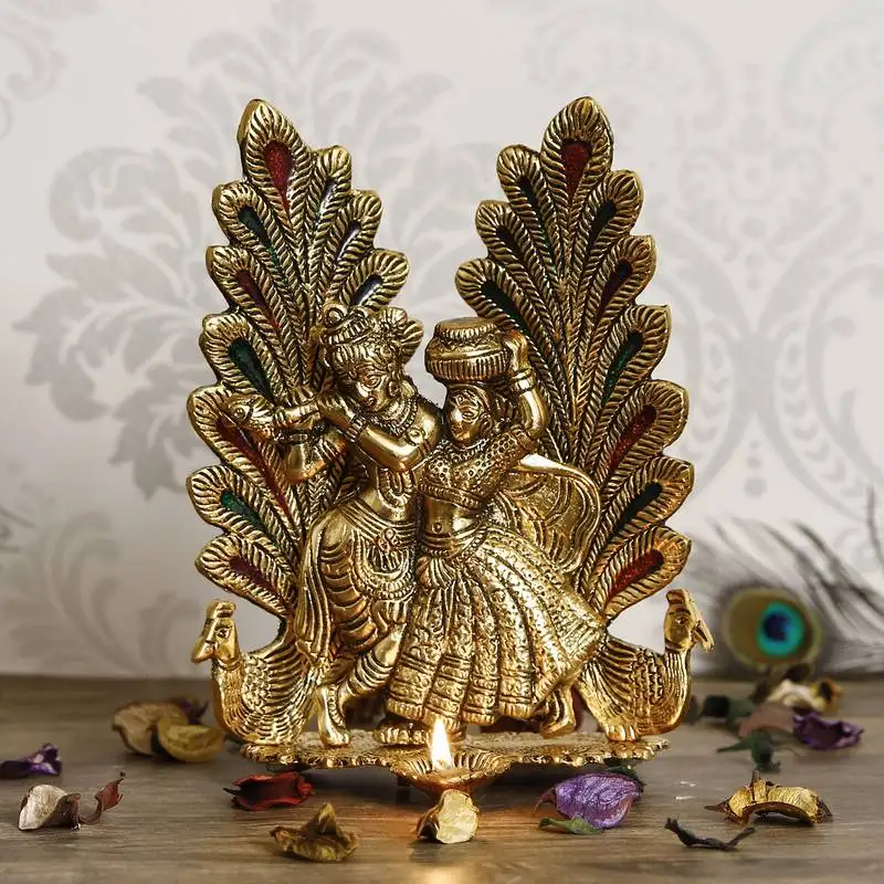 Ecraftindia golden radha krishna idol metal decorative showpiece with diya