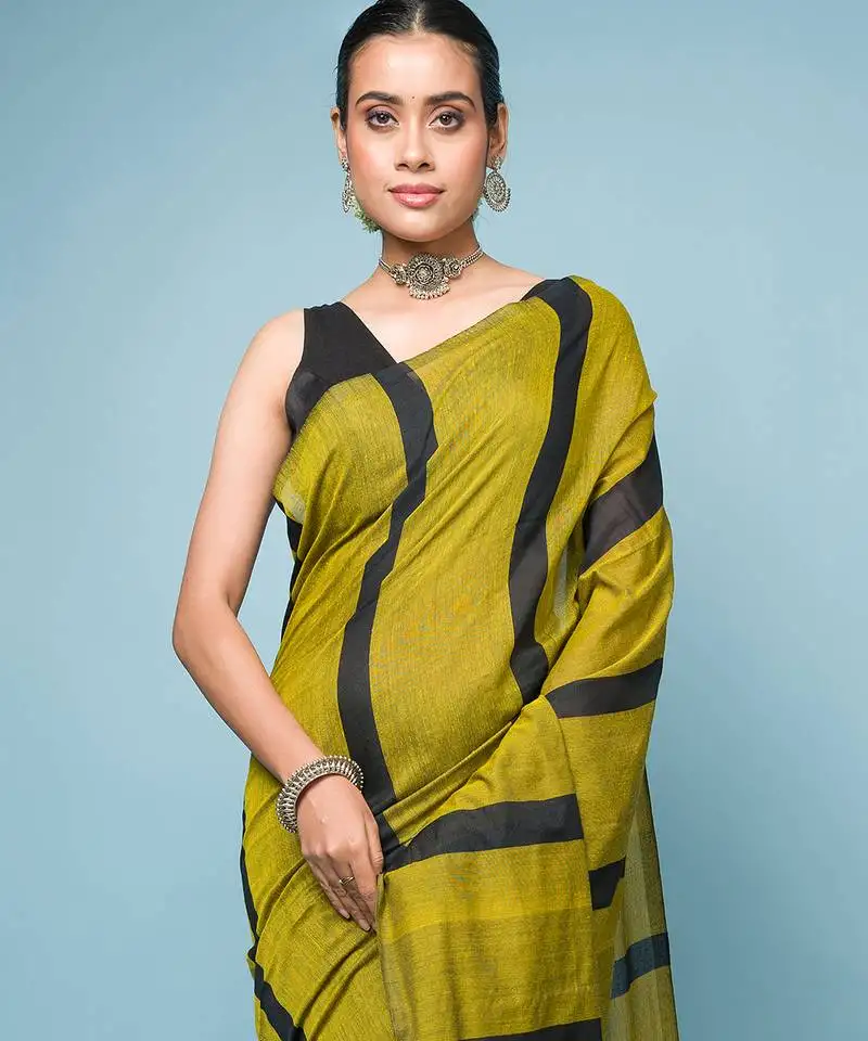 Green and black broad striped cotton handloom saree