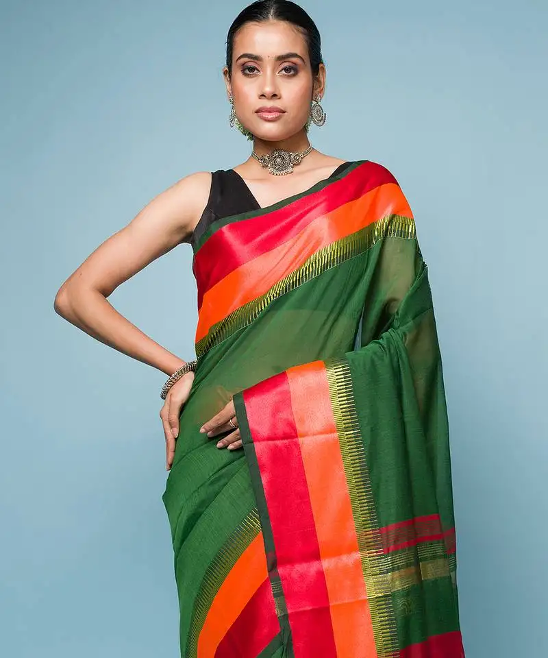 Green cotton blended saree with red and orange border