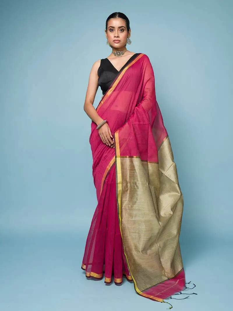 Crimson red cotton blend saree with narrow border