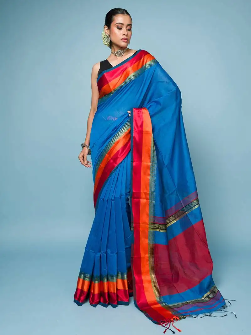 Blue cotton blended saree with wide boarder