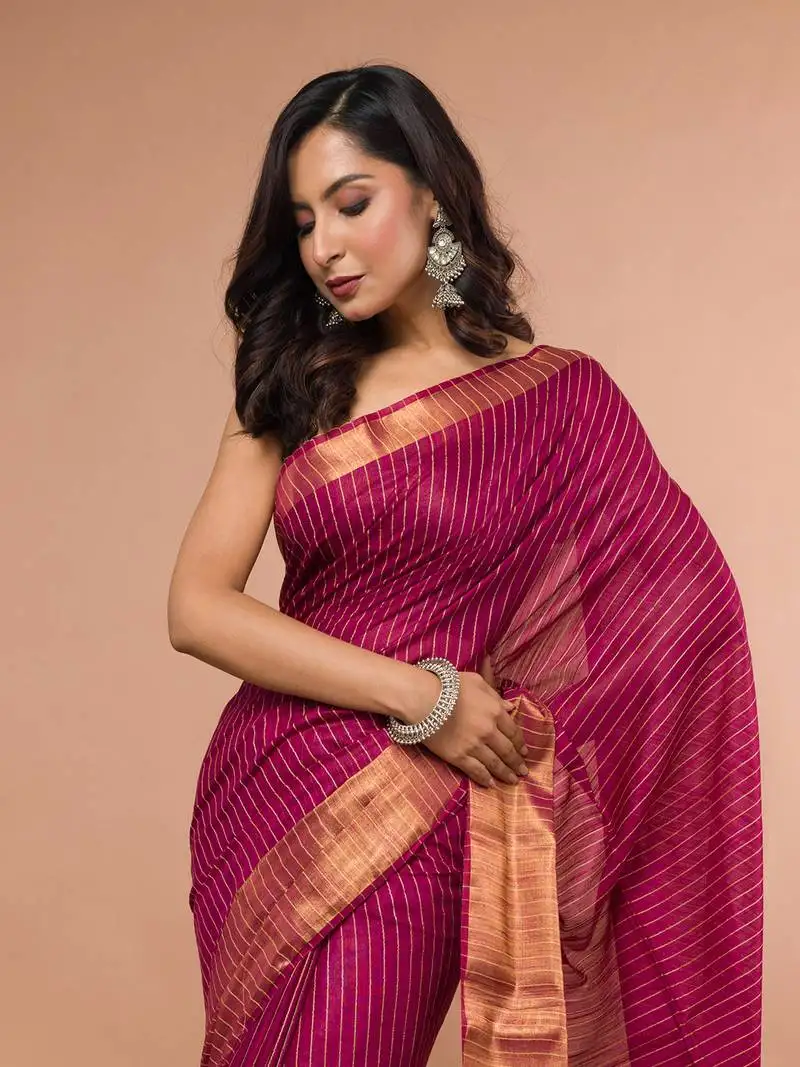 Wine cotton blended saree with golden stripe