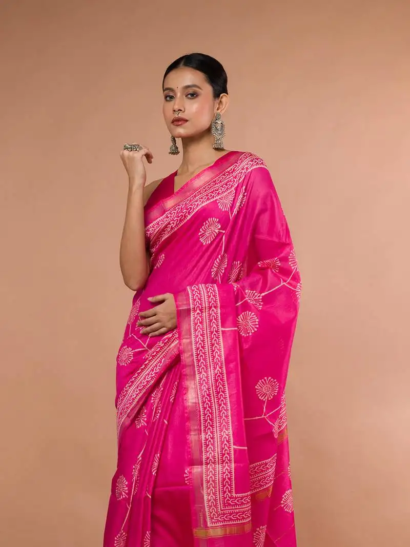 Pink bhagalpuri silk with white printed floral motives