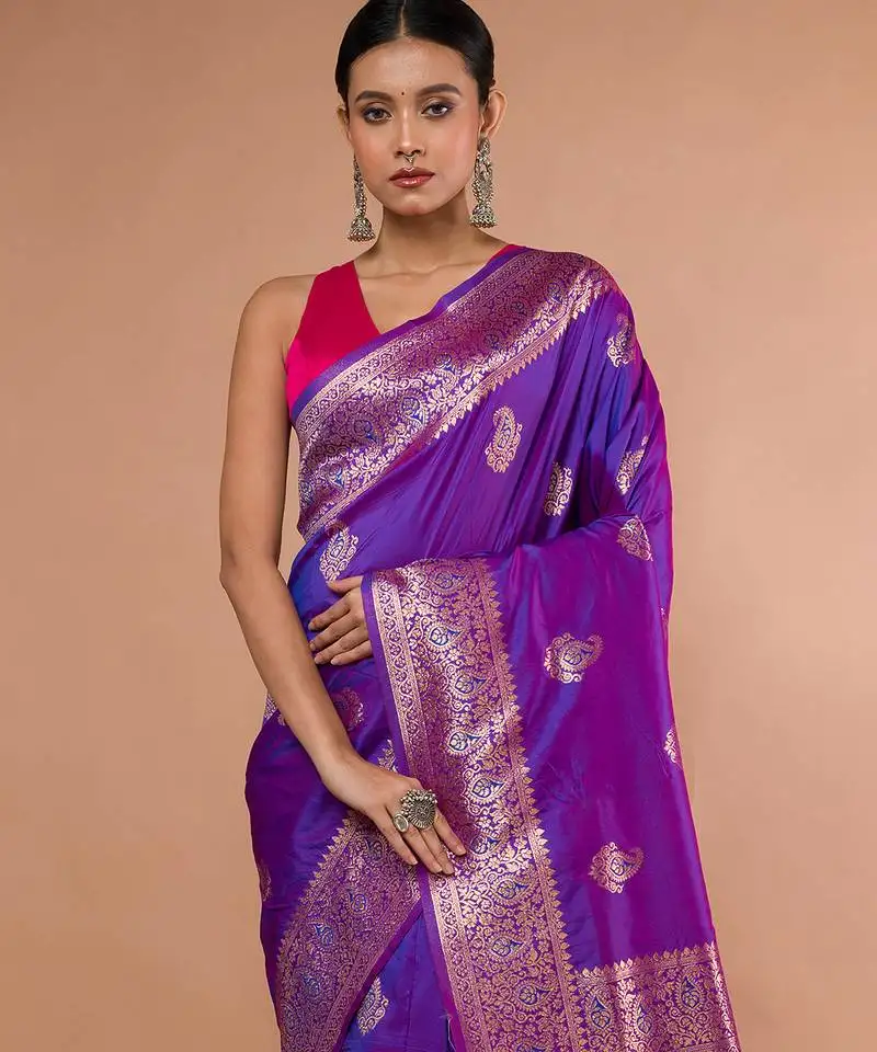 Purple colour blended silk saree with running blouse piece