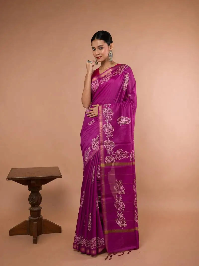 Pink bhagalpuri silk with white floral prints on it