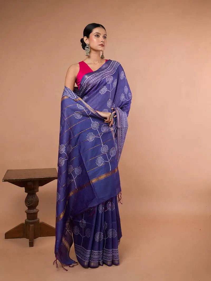 Blue bhagalpuri silk with white floral printed saree with running blouse piece
