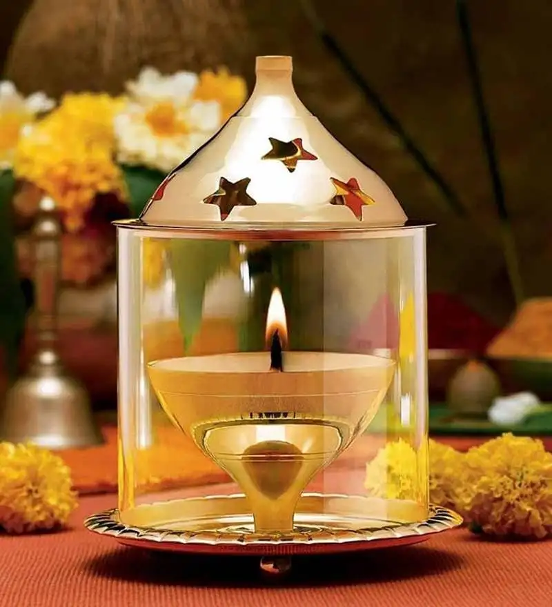 Brass and glass akhand diya